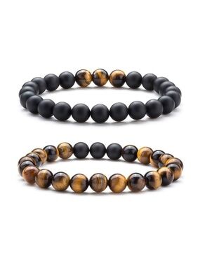 Hamoery Set of 2 Bracelets with Black Agate & Brown Tiger Eye Beads
